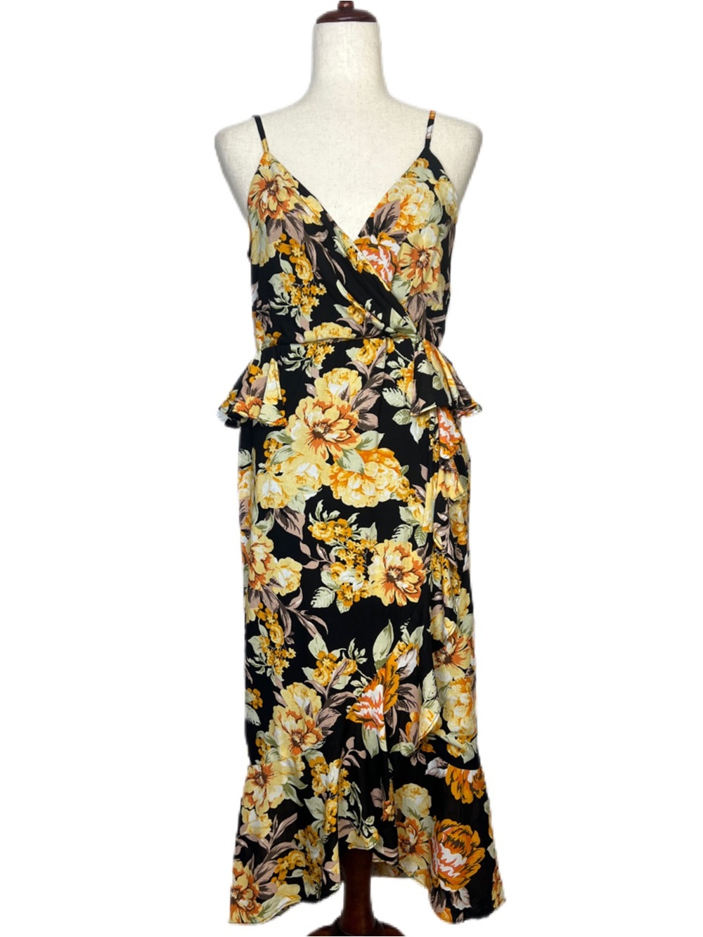 BARDOT Women’s Size S Black Yellow Floral Sleeveless Faux Wrap Peplum Midi Dress - Picture 2 of 13